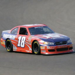 A NASCAR car from the 2000s, typical of its era with bold, colorful graphics, a low-slung body for optimal aerodynamics, roll-cage for safety, aggressive front air-intakes, and a deep, throaty V8 engine roar