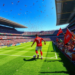 A vibrant football stadium filled with enthusiastic fans, showcasing an exciting match atmosphere
