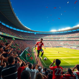 A vibrant football stadium filled with enthusiastic fans, showcasing an exciting match atmosphere