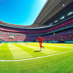 A vibrant football stadium filled with enthusiastic fans, showcasing an exciting match atmosphere