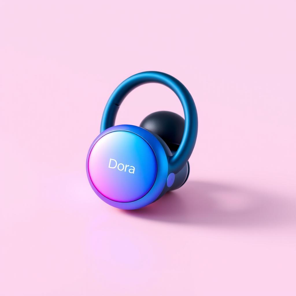 A mini headphone branded 'Dora', featuring a sleek design with a beautiful gradient color scheme transitioning from blue to pink