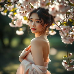 A serene portrayal of a Japanese woman gracefully posing in a tranquil natural setting, surrounded by cherry blossoms and soft sunlight filtering through the leaves