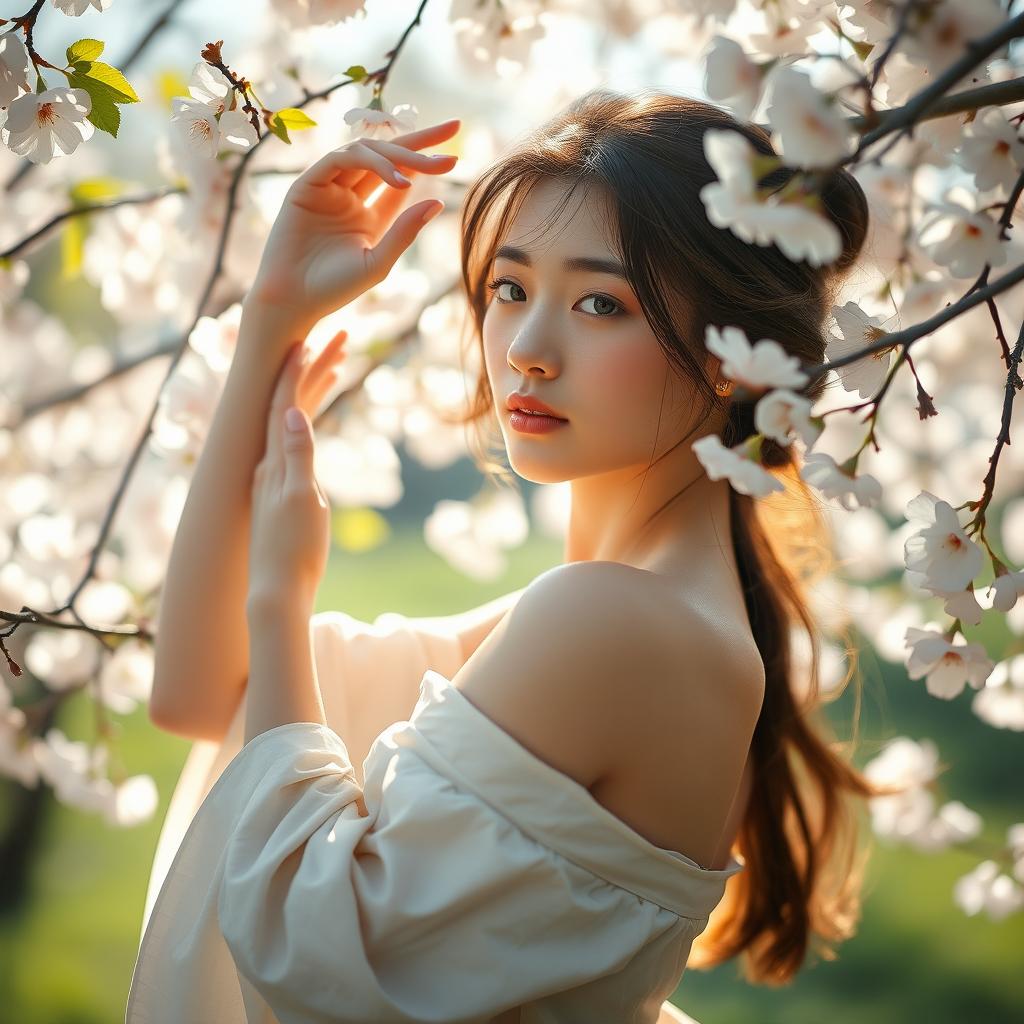 A serene portrayal of a Japanese woman gracefully posing in a tranquil natural setting, surrounded by cherry blossoms and soft sunlight filtering through the leaves