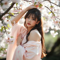 A serene portrayal of a Japanese woman gracefully posing in a tranquil natural setting, surrounded by cherry blossoms and soft sunlight filtering through the leaves