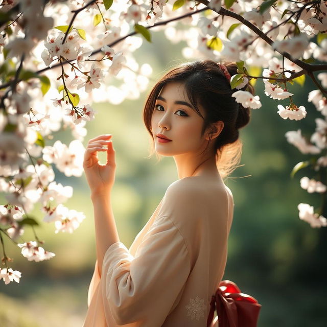 A serene portrayal of a Japanese woman gracefully posing in a tranquil natural setting, surrounded by cherry blossoms and soft sunlight filtering through the leaves