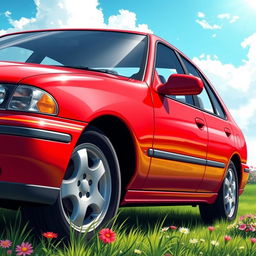 A stunningly detailed illustration of a 1998 Nissan Sentra painted in a vibrant candy apple red finish