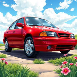 A stunningly detailed illustration of a 1998 Nissan Sentra painted in a vibrant candy apple red finish