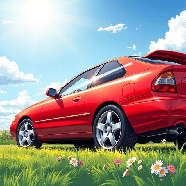 A stunningly detailed illustration of a 1998 Nissan Sentra painted in a vibrant candy apple red finish