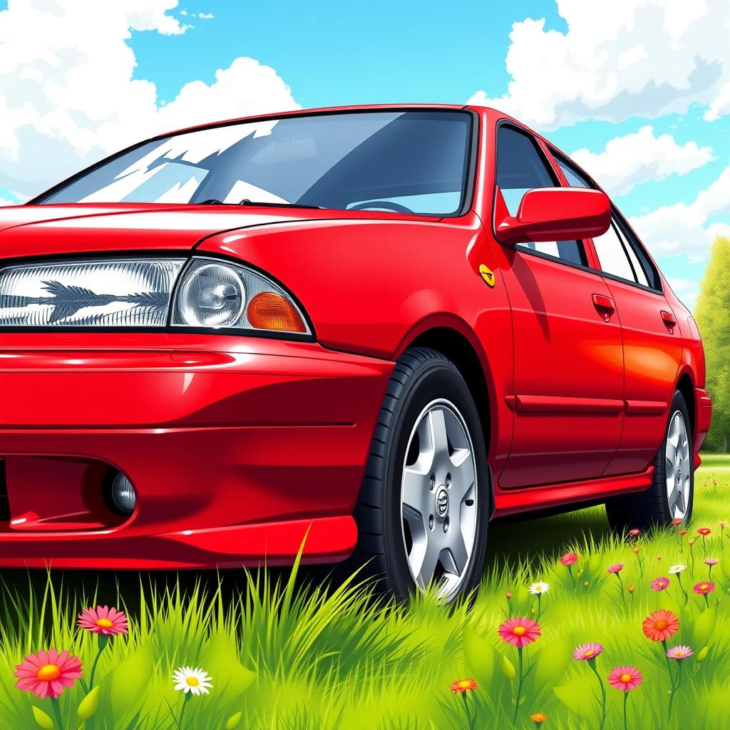 A stunningly detailed illustration of a 1998 Nissan Sentra painted in a vibrant candy apple red finish