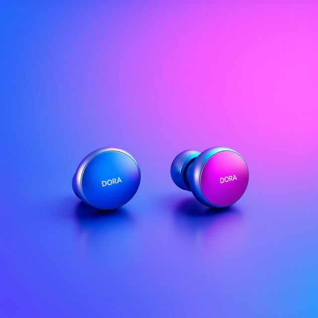 A pair of mini headphones branded 'Dora', featuring a stylish design with a beautiful gradient color scheme transitioning seamlessly from blue to pink