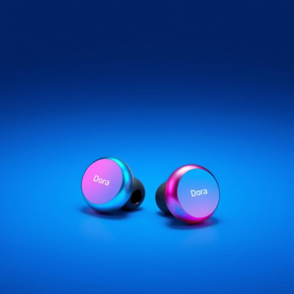 A pair of mini headphones branded 'Dora', featuring a stylish design with a beautiful gradient color scheme transitioning seamlessly from blue to pink