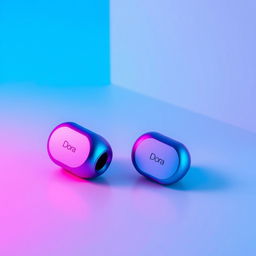 A pair of mini headphones branded 'Dora', featuring a stylish design with a beautiful gradient color scheme transitioning seamlessly from blue to pink