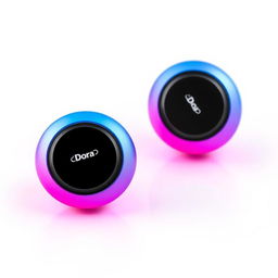 A pair of mini headphones branded 'Dora', featuring a stylish design with a beautiful gradient color scheme transitioning seamlessly from blue to pink