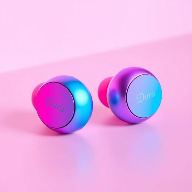 A pair of mini headphones branded 'Dora', featuring an elegant design with a striking gradient color scheme that transitions beautifully from blue to pink