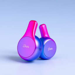 A pair of mini headphones branded 'Dora', featuring an elegant design with a striking gradient color scheme that transitions beautifully from blue to pink