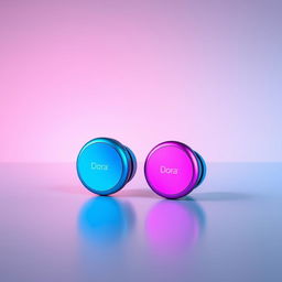 A pair of mini headphones branded 'Dora', featuring an elegant design with a striking gradient color scheme that transitions beautifully from blue to pink