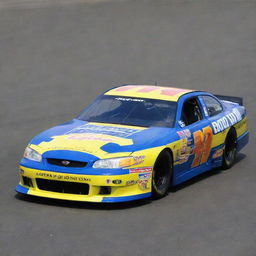 A NASCAR car from the 1990s, reflecting the era's iconic racing style. It features a boxy silhouette, visible front and rear spoilers, bright and colorful sponsor livery, and a loud, powerful V8 engine