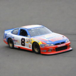 A NASCAR car from the 1990s, reflecting the era's iconic racing style. It features a boxy silhouette, visible front and rear spoilers, bright and colorful sponsor livery, and a loud, powerful V8 engine