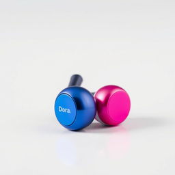 A pair of mini headphones branded 'Dora', showcasing a captivating design with a gradient color scheme transitioning smoothly from blue to pink
