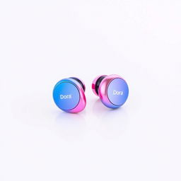 A pair of mini headphones branded 'Dora', showcasing a captivating design with a gradient color scheme transitioning smoothly from blue to pink