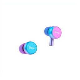 A pair of mini headphones branded 'Dora', showcasing a captivating design with a gradient color scheme transitioning smoothly from blue to pink