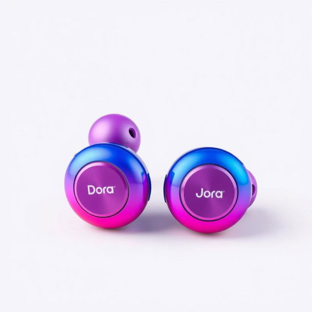 A pair of mini headphones branded 'Dora', showcasing a captivating design with a gradient color scheme transitioning smoothly from blue to pink