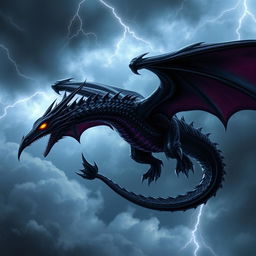 A majestic black dragon soaring through a stormy sky, its glossy scales glinting with hints of deep purple under flashes of lightning