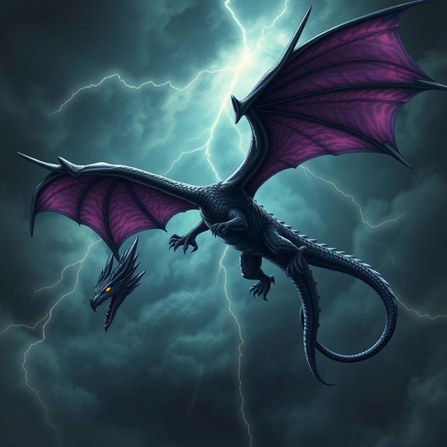 A majestic black dragon soaring through a stormy sky, its glossy scales glinting with hints of deep purple under flashes of lightning