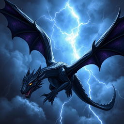 A majestic black dragon soaring through a stormy sky, its glossy scales glinting with hints of deep purple under flashes of lightning