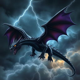 A majestic black dragon soaring through a stormy sky, its glossy scales glinting with hints of deep purple under flashes of lightning