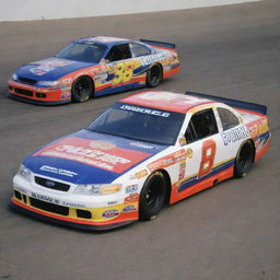 A NASCAR car from the 1990s, reflecting the era's iconic racing style. It features a boxy silhouette, visible front and rear spoilers, bright and colorful sponsor livery, and a loud, powerful V8 engine