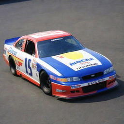 A NASCAR car from the 1990s, reflecting the era's iconic racing style. It features a boxy silhouette, visible front and rear spoilers, bright and colorful sponsor livery, and a loud, powerful V8 engine