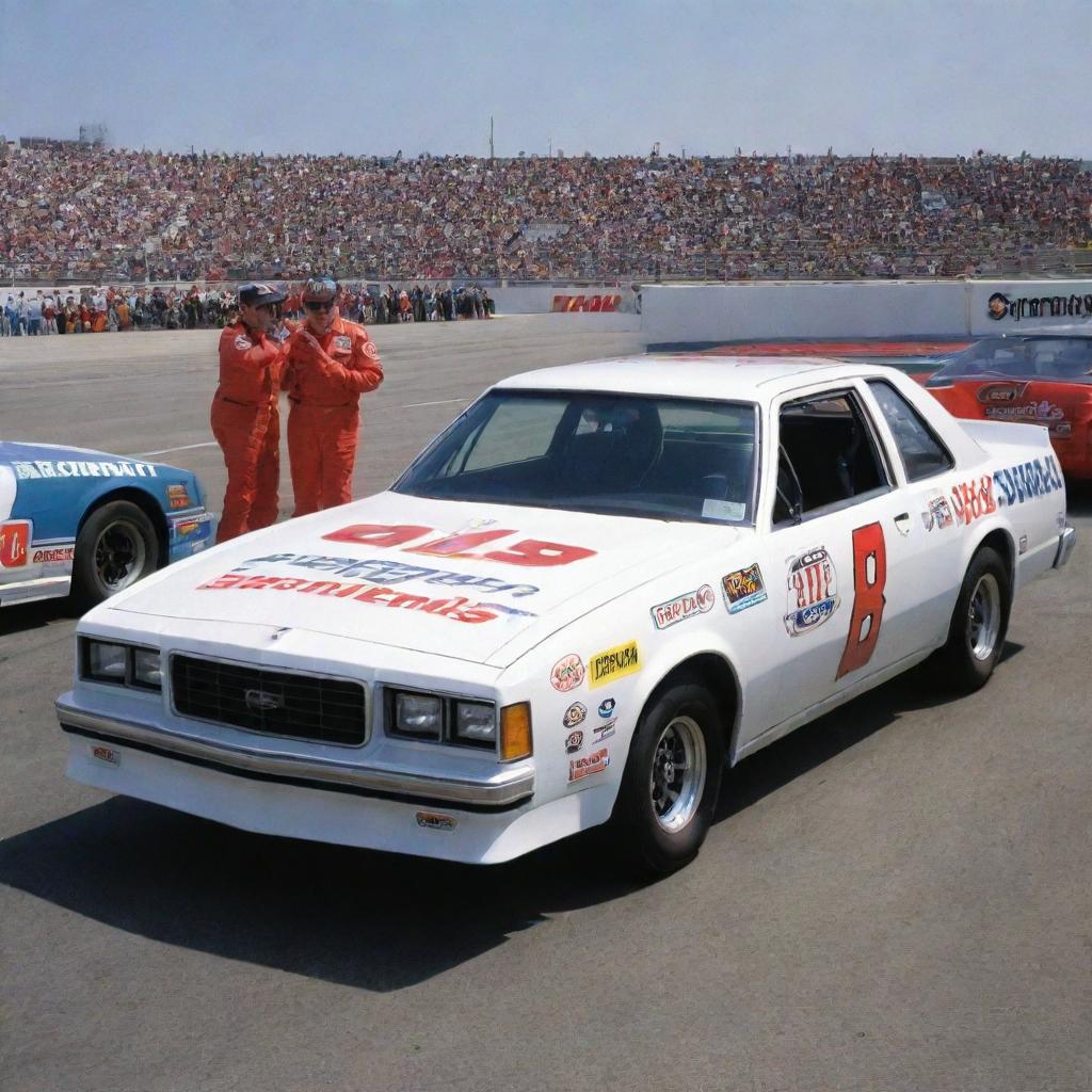 A NASCAR car from the 1980s, demonstrating the transitional phase in car design. The car has a square shape with rounded corners, a large rear wing, chrome bumpers, colorful sponsor decals, and the rumble of a naturally aspirated V8 engine