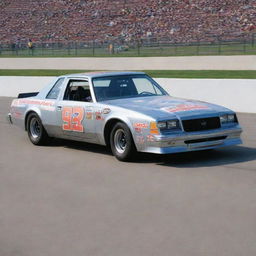 A NASCAR car from the 1980s, demonstrating the transitional phase in car design. The car has a square shape with rounded corners, a large rear wing, chrome bumpers, colorful sponsor decals, and the rumble of a naturally aspirated V8 engine