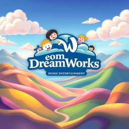 A beautiful and vibrant digital illustration depicting an imaginary logo for 'DreamWorks Home Entertainment' stylistically inspired by traditional animation formats