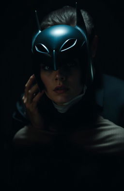A dramatic scene taking place in the dark, featuring a woman with short black hair wearing a bat helmet