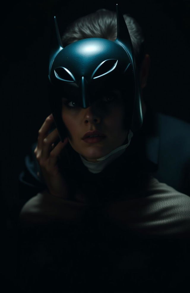 A dramatic scene taking place in the dark, featuring a woman with short black hair wearing a bat helmet