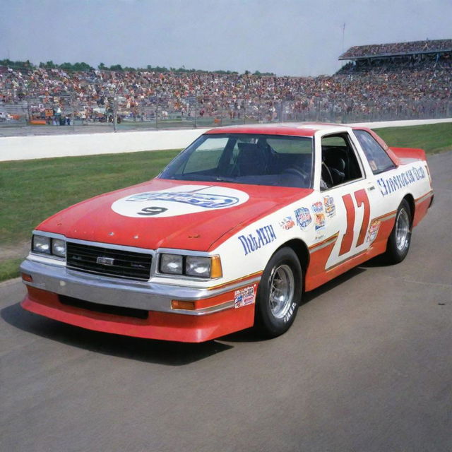 A NASCAR car from the 1980s, demonstrating the transitional phase in car design. The car has a square shape with rounded corners, a large rear wing, chrome bumpers, colorful sponsor decals, and the rumble of a naturally aspirated V8 engine