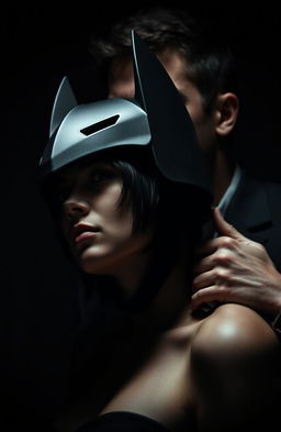 A dramatic scene taking place in the dark, featuring a woman with short black hair wearing a bat helmet