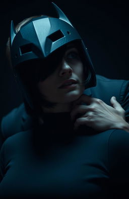 A dramatic scene taking place in the dark, featuring a woman with short black hair wearing a bat helmet
