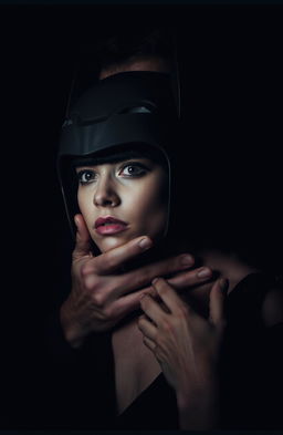 A dramatic scene taking place in the dark, featuring a woman with short black hair wearing a bat helmet