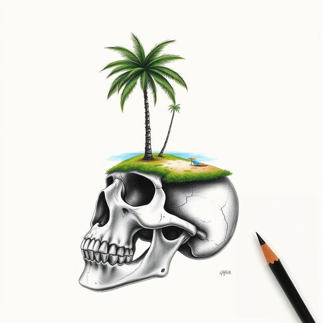 A realistic hand drawing of a skull with a small tropical island positioned atop it