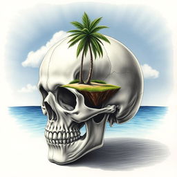 A realistic hand drawing of a skull with a small tropical island positioned atop it
