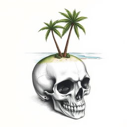 A realistic hand drawing of a skull with a small tropical island positioned atop it