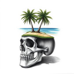 A realistic hand drawing of a skull with a small tropical island positioned atop it