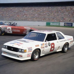 A NASCAR car from the 1980s, demonstrating the transitional phase in car design. The car has a square shape with rounded corners, a large rear wing, chrome bumpers, colorful sponsor decals, and the rumble of a naturally aspirated V8 engine