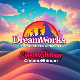 A creative and vibrant digital illustration featuring a reimagined logo for 'DreamWorks Home Entertainment', with the text 'CinemoShiman' elegantly integrated into the design