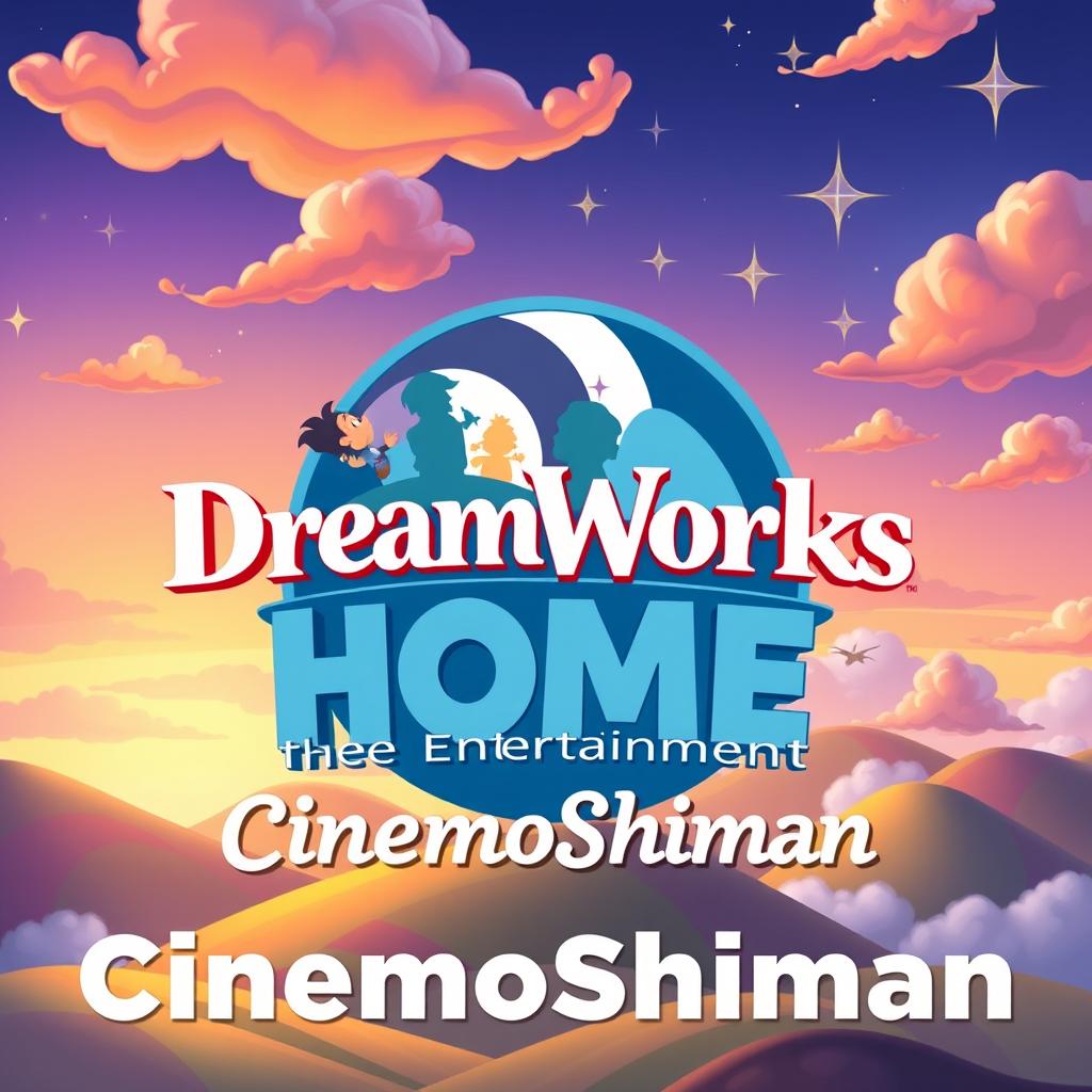 A creative and vibrant digital illustration featuring a reimagined logo for 'DreamWorks Home Entertainment', with the text 'CinemoShiman' elegantly integrated into the design