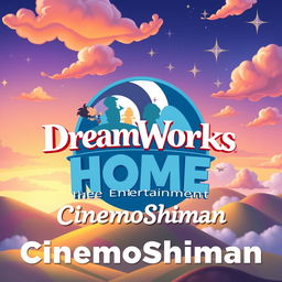 A creative and vibrant digital illustration featuring a reimagined logo for 'DreamWorks Home Entertainment', with the text 'CinemoShiman' elegantly integrated into the design