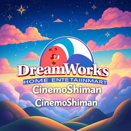 A creative and vibrant digital illustration featuring a reimagined logo for 'DreamWorks Home Entertainment', with the text 'CinemoShiman' elegantly integrated into the design